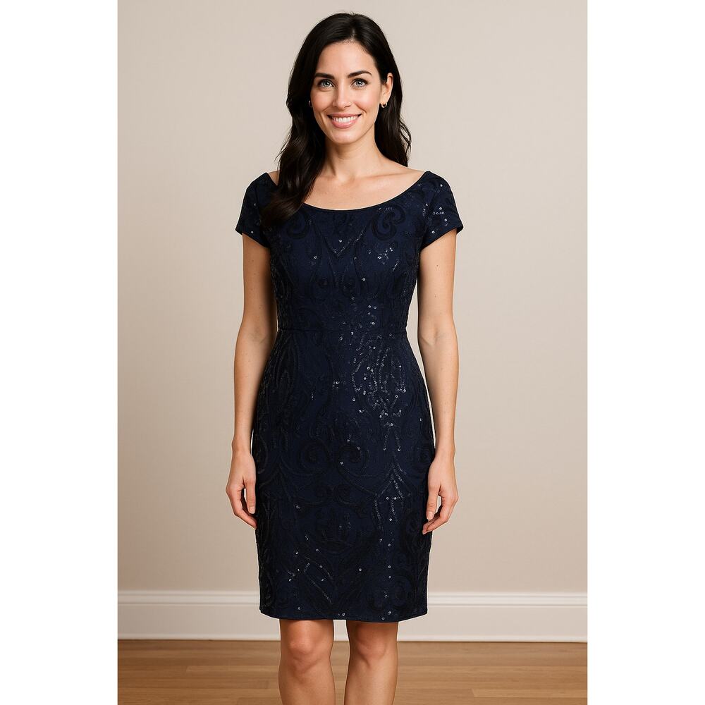 Adrianna Papell Navy Sequined Cocktail Dress - Size 4